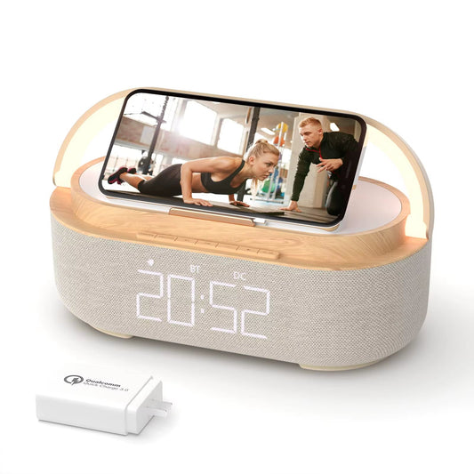 S29 Bluetooth Speaker with Digital Alarm Clock - Wireless Charging, FM Radio, Night Light, 15W Fast Charging, Bedroom Home Decor