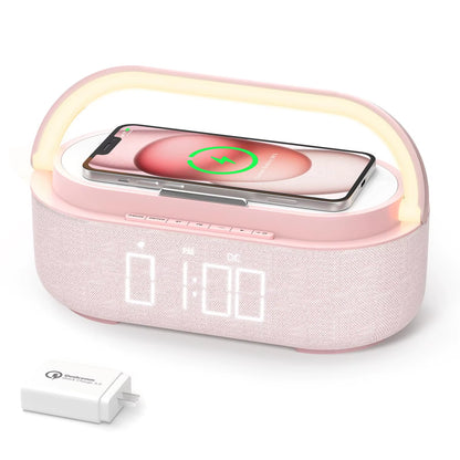 S29 Bluetooth Speaker with Digital Alarm Clock Fast Wireless Charging FM Radio Night Light for Bedroom Home Decoration