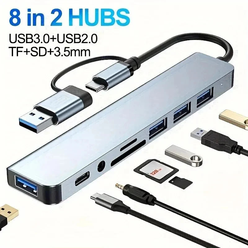 8 in 2 USB HUB with Splitter Card Reader, USB C Port, USB 3.0 / 2.0, SD/TF Splitter Card Reader, Docking Station