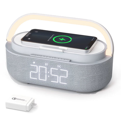 S29 Bluetooth Speaker with Digital Alarm Clock Fast Wireless Charging FM Radio Night Light for Bedroom Home Decoration